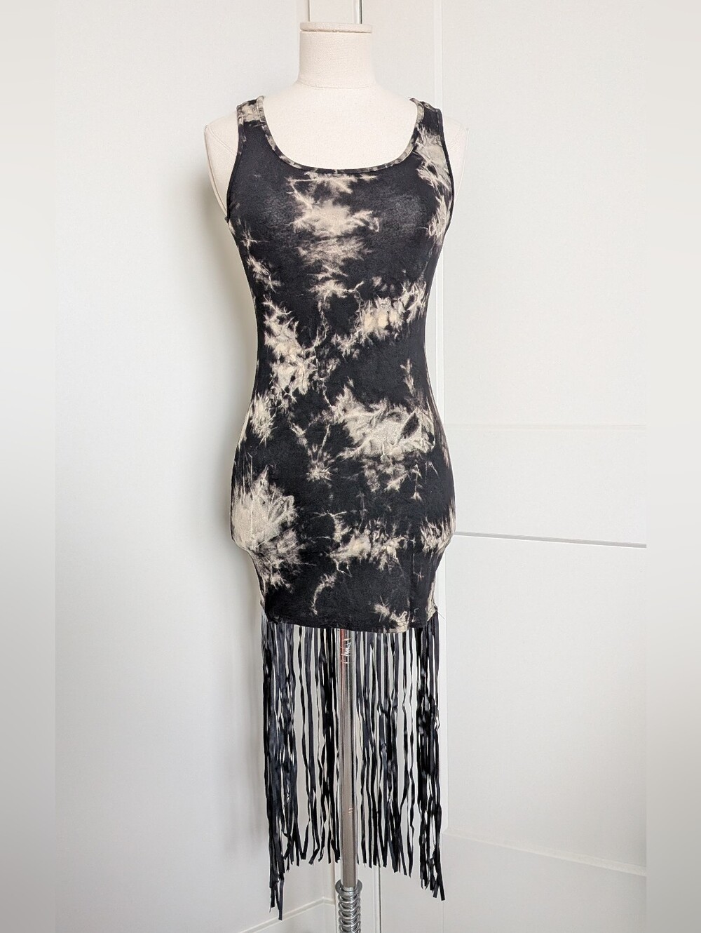 Black Bead Tie Dye Long Fringe Sleeveless Mini Dress S